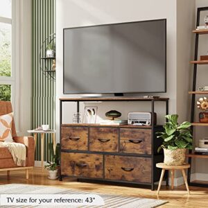 WLIVE Dresser TV Stand, Entertainment Center with Fabric Drawers, Media Console Table with Open Shelves for TV up to 45 inch, Storage Drawer Unit for Bedroom, Living Room, Entryway, Rustic Brown