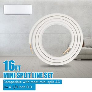 Air Jade 16 Ft. Mini Split Line Set, 1/4 & 3/8 inch O.D. & 3/8" PE Thickened Insulated Coil Copper Pipes with Fittings, for Ductless Mini Split Air Conditioning, Heat Pump Systems