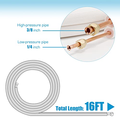 Air Jade 16 Ft. Mini Split Line Set, 1/4 & 3/8 inch O.D. & 3/8" PE Thickened Insulated Coil Copper Pipes with Fittings, for Ductless Mini Split Air Conditioning, Heat Pump Systems