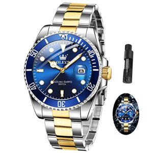 blue face watches for men silver gold stainless steel band watches with date olevs watch mens pro diver watches classic waterproof wristwatch for men round dress big face male watch fashion multifunction for man luxury analog quartz luminous watch