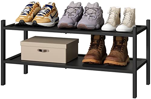 kiplant 2-Tier Black Bamboo Shoe Rack, Stackable Bamboo Wood Shoe Rack for Closet, Entryway & Hallway