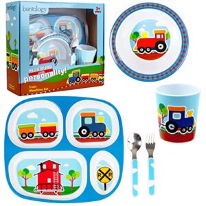 5 pc mealtime set for kids & toddlers, train theme-includes divided plate, bowl, fork & spoon - dishwasher safe, durable, bpa free-cute compartment dish to put food in 4 sections for easy self-feeding