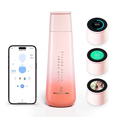 WateReminder Smart Water Bottle - Tracks Water Intake with App, Flask Water Bottle Stainless Steel, Photo Background, Temperature Display Touch Sensitive Screen, Coffee Mug, Coffee Bottle (Pink)