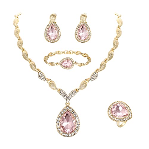 BriLove Womens Africa 18k Gold Plated Jewelry Set Crystal Rhinestones Petals Teardrop Cluster Bib Statement Necklace Link Bracelet Dangle Earrings Ring for Prom Pink Gold-Tone