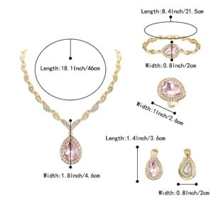 BriLove Womens Africa 18k Gold Plated Jewelry Set Crystal Rhinestones Petals Teardrop Cluster Bib Statement Necklace Link Bracelet Dangle Earrings Ring for Prom Pink Gold-Tone