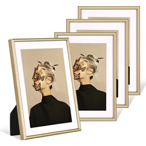 fkvat 4x6 picture frame set of 4, brushed brass simple modern thin aluminum metal photo frame fits 3x5 with mat or 4x6 without mat photo. display for tabletop or wall collage. (horizontal & vertical). with white and black mats.