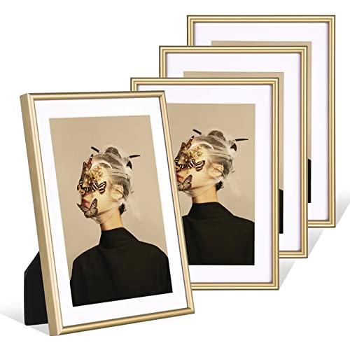 Fkvat 4x6 Picture Frame Set of 4, Brushed Brass Simple Modern Thin Aluminum Metal Photo Frame Fits 3x5 with Mat or 4x6 without Mat Photo. Display for Tabletop or Wall Collage. (Horizontal & Vertical). with White and Black Mats.