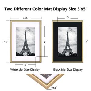 Fkvat 4x6 Picture Frame Set of 4, Brushed Brass Simple Modern Thin Aluminum Metal Photo Frame Fits 3x5 with Mat or 4x6 without Mat Photo. Display for Tabletop or Wall Collage. (Horizontal & Vertical). with White and Black Mats.