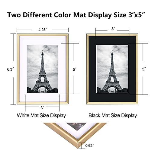 Fkvat 4x6 Picture Frame Set of 4, Brushed Brass Simple Modern Thin Aluminum Metal Photo Frame Fits 3x5 with Mat or 4x6 without Mat Photo. Display for Tabletop or Wall Collage. (Horizontal & Vertical). with White and Black Mats.