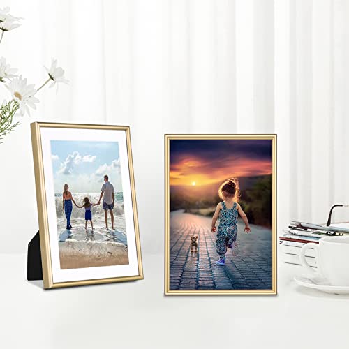 Fkvat 4x6 Picture Frame Set of 4, Brushed Brass Simple Modern Thin Aluminum Metal Photo Frame Fits 3x5 with Mat or 4x6 without Mat Photo. Display for Tabletop or Wall Collage. (Horizontal & Vertical). with White and Black Mats.