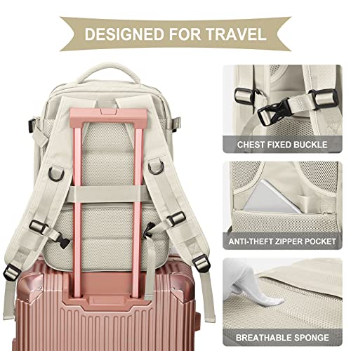 Large Travel Backpack Women, Carry On Backpack,Hiking Backpack Waterproof Outdoor Sports Rucksack Casual Daypack with USB Charging Port Shoes Compartment,Beige