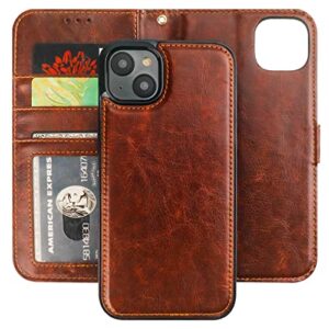 bocasal detachable wallet case for iphone 14 plus rfid blocking card slots holder premium pu leather magnetic kickstand shockproof wrist strap removable flip protective cover 5g 6.7 inch (brown)