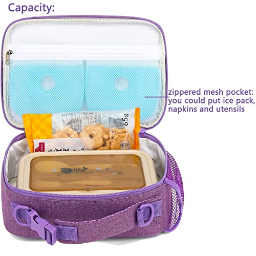 FlowFly Kids Lunch Bag, Durable Insulated School Lunch Box with Shoulder Strap and Bottle Holder, Water-resistant Thermal Small Lunch Cooler Tote for Teen Boys & Girls,Purple