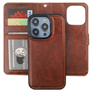 bocasal detachable wallet case for iphone 14 pro rfid blocking card slots holder premium pu leather magnetic kickstand shockproof wrist strap removable flip protective cover 5g 6.1 inch (brown)