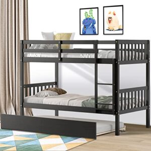 unovivy twin over twin bunk bed with trundle, solid wood bunk bed twin over twin with guardrails and ladder, convertible to 2 beds, fit for kids, teens, no box spring needed, espresso
