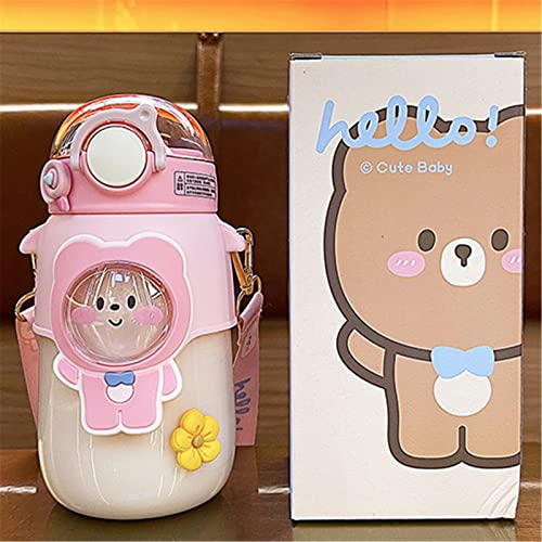 JQWSVE Kawaii Water Bottle with Straw, 24oz Kawaii Bear Water Bottle BPA-Free, Leak-Proof Cute Water Bottles Anti-Drop Cartoon Bear Shaped Bottle for Boys Girls Travel Home School, Pink