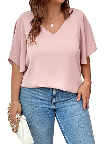 SOLY HUX Womens Plus Size Blouse Summer Tops V Neck Short Sleeve Casual Work Shirts Loose Flowy Blouses 2023 Solid Pink 3XL