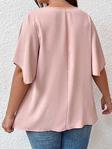 SOLY HUX Womens Plus Size Blouse Summer Tops V Neck Short Sleeve Casual Work Shirts Loose Flowy Blouses 2023 Solid Pink 3XL