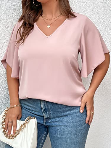 SOLY HUX Womens Plus Size Blouse Summer Tops V Neck Short Sleeve Casual Work Shirts Loose Flowy Blouses 2023 Solid Pink 3XL