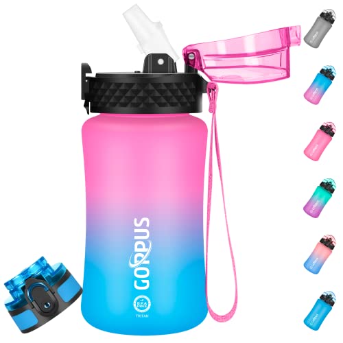 GOPPUS Kids Water Bottle with Straw Spout Lid 10pcs Stickers 12 oz Leak-proof BPA Free Motivational Time Marker Tritan Plastic Water Bottles for Girls Boys School Sports