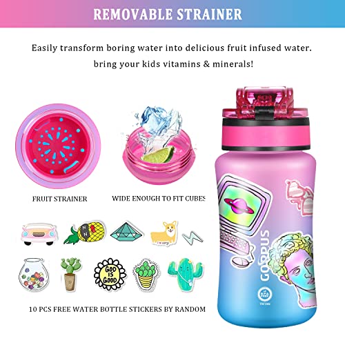 GOPPUS Kids Water Bottle with Straw Spout Lid 10pcs Stickers 12 oz Leak-proof BPA Free Motivational Time Marker Tritan Plastic Water Bottles for Girls Boys School Sports