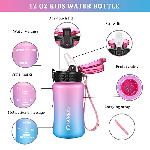 GOPPUS Kids Water Bottle with Straw Spout Lid 10pcs Stickers 12 oz Leak-proof BPA Free Motivational Time Marker Tritan Plastic Water Bottles for Girls Boys School Sports