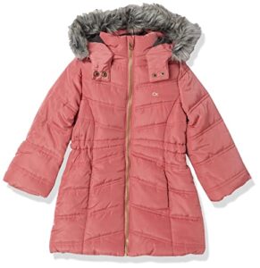 calvin klein girls' hooded winter puffer jacket, full-length heavy weight coat with fleece lining, mauvewood, 5