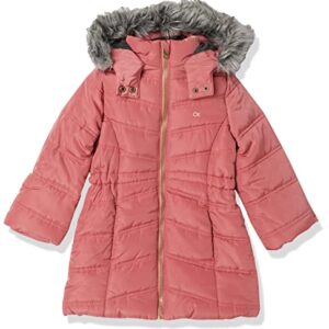 Calvin Klein Girls' Hooded Winter Puffer Jacket, Full-Length Heavy Weight Coat with Fleece Lining, Mauvewood, 5