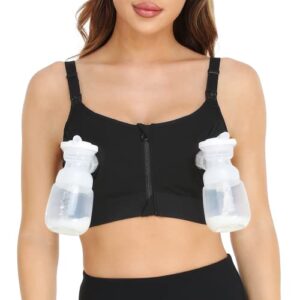 momcozy pumping bra, upgraded velcro back zipper adjustable breast-pumps holding plus size pumping and nursing bra in one suitable for 32c-58ddd black