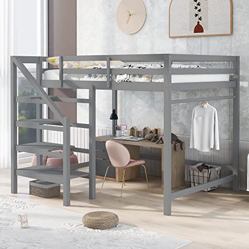 Harper & Bright Designs Full Size Loft Bed with Stairs and Hanging Rod, Wooden Full Loft Bed Frame with Storage Shelf, High Loft Beds for Kids Boys Girls Teens Dorm Bedroom (Full, Gray)