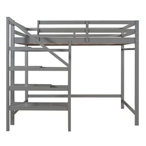 Harper & Bright Designs Full Size Loft Bed with Stairs and Hanging Rod, Wooden Full Loft Bed Frame with Storage Shelf, High Loft Beds for Kids Boys Girls Teens Dorm Bedroom (Full, Gray)