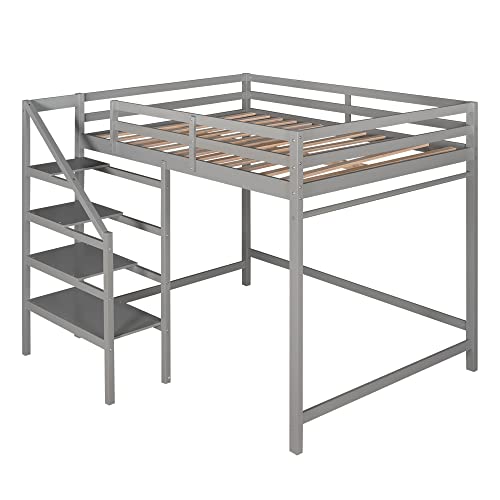 Harper & Bright Designs Full Size Loft Bed with Stairs and Hanging Rod, Wooden Full Loft Bed Frame with Storage Shelf, High Loft Beds for Kids Boys Girls Teens Dorm Bedroom (Full, Gray)