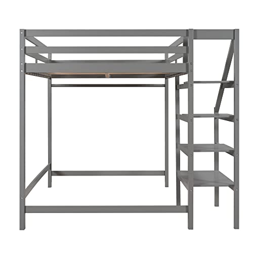 Harper & Bright Designs Full Size Loft Bed with Stairs and Hanging Rod, Wooden Full Loft Bed Frame with Storage Shelf, High Loft Beds for Kids Boys Girls Teens Dorm Bedroom (Full, Gray)