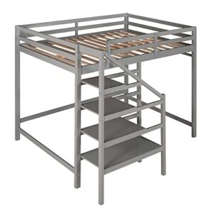 Harper & Bright Designs Full Size Loft Bed with Stairs and Hanging Rod, Wooden Full Loft Bed Frame with Storage Shelf, High Loft Beds for Kids Boys Girls Teens Dorm Bedroom (Full, Gray)