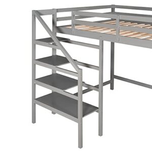 Harper & Bright Designs Full Size Loft Bed with Stairs and Hanging Rod, Wooden Full Loft Bed Frame with Storage Shelf, High Loft Beds for Kids Boys Girls Teens Dorm Bedroom (Full, Gray)