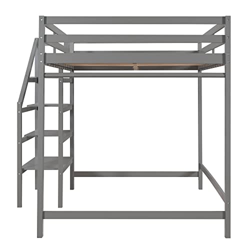 Harper & Bright Designs Full Size Loft Bed with Stairs and Hanging Rod, Wooden Full Loft Bed Frame with Storage Shelf, High Loft Beds for Kids Boys Girls Teens Dorm Bedroom (Full, Gray)