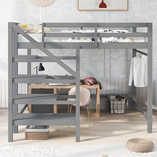 Harper & Bright Designs Full Size Loft Bed with Stairs and Hanging Rod, Wooden Full Loft Bed Frame with Storage Shelf, High Loft Beds for Kids Boys Girls Teens Dorm Bedroom (Full, Gray)