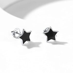 ChicSilver 9MM Simple Small Black Stud Earrings 925 Sterling Silver Star Earrings Hypoallergenic Black Earrings for Women Sensitive Ears