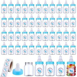 62 pcs 3.5 inch baby mini milk bottle baby shower favor with 500 adhesive thank you for showering stickers, small plastic candy bottle diy gift for boy girl newborn baptism party decor (blue)