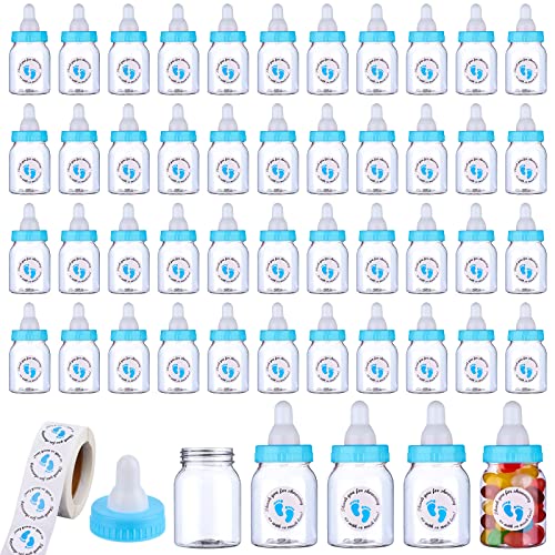 62 Pcs 3.5 Inch Baby Mini Milk Bottle Baby Shower Favor with 500 Adhesive Thank You for Showering Stickers, Small Plastic Candy Bottle DIY Gift for Boy Girl Newborn Baptism Party Decor (Blue)