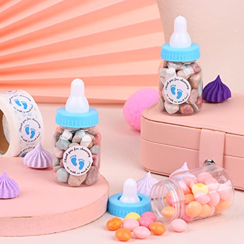 62 Pcs 3.5 Inch Baby Mini Milk Bottle Baby Shower Favor with 500 Adhesive Thank You for Showering Stickers, Small Plastic Candy Bottle DIY Gift for Boy Girl Newborn Baptism Party Decor (Blue)