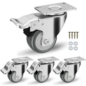 casters, 2 inch caster wheels, casters set of 4 heavy duty - cloatfet locking casters, swivel casters with brake (top plate), non marking grey tpr rubber castor wheels for cart furniture workbench