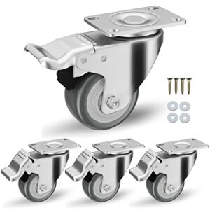 Casters, 2 inch Caster Wheels, Casters Set of 4 Heavy Duty - CLOATFET Locking Casters, Swivel Casters with Brake (Top Plate), Non Marking Grey TPR Rubber Castor Wheels for Cart Furniture Workbench