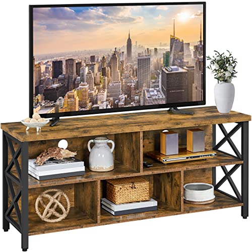 Yaheetech TV Stand for 65 Inch TV, Industrial Entertainment Center with 5 Storage Compartments, Rustic TV Console for Living Room Wood and Metal, Rustic Brown