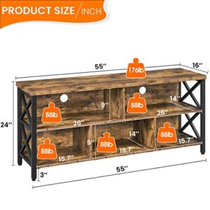 Yaheetech TV Stand for 65 Inch TV, Industrial Entertainment Center with 5 Storage Compartments, Rustic TV Console for Living Room Wood and Metal, Rustic Brown