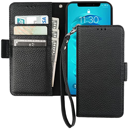 Bocasal Wallet Case for iPhone 14 Pro 5G, Genuine Leather Support Wireless Charging RFID Blocking Flip Case Card Slots Holder, Kickstand Book Folding Folio Cover with Wrist Strap 6.1 Inch(Black)