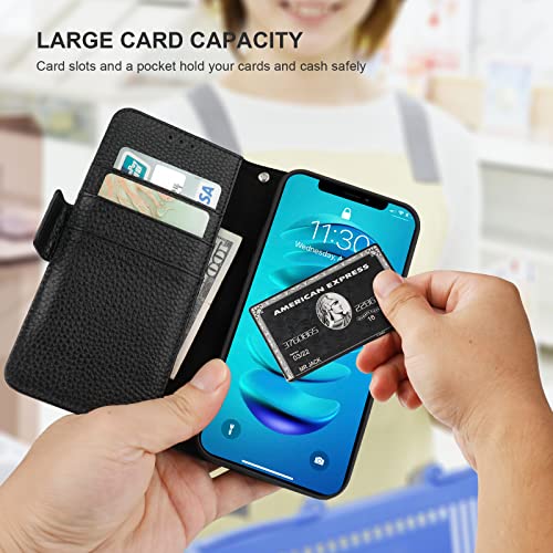 Bocasal Wallet Case for iPhone 14 Pro 5G, Genuine Leather Support Wireless Charging RFID Blocking Flip Case Card Slots Holder, Kickstand Book Folding Folio Cover with Wrist Strap 6.1 Inch(Black)