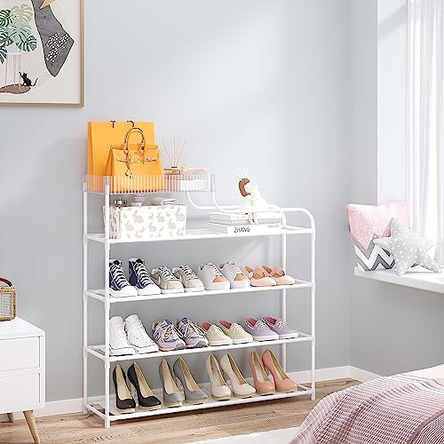 Sywhitta 4-Tier Shoe Rack Storage Organizer Shoe Shelf with Storage Box Multi-Function, Free Standing Shoe Racks High Capacity Shoe Organizer for Corridor, Living Room, Balcony, Bedroom, White