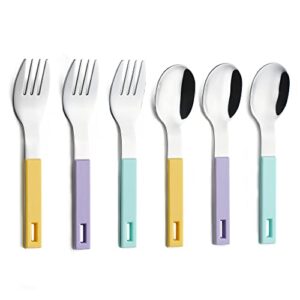 annova children's flatware 6 pieces kids silverware - stainless steel - 3 x safe forks, 3 x tablespoons - toddler utensils without knives for lunch box bpa free block (6 pieces, mix color)