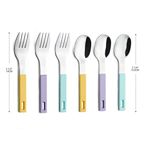 ANNOVA Children's Flatware 6 Pieces Kids Silverware - Stainless Steel - 3 x Safe Forks, 3 x Tablespoons - Toddler Utensils Without Knives for Lunch Box BPA Free Block (6 Pieces, Mix Color)